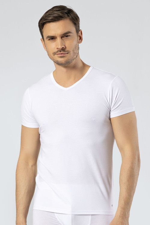 Erkek V Yaka T-shirt 1402/Beyaz