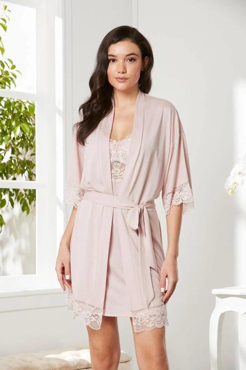 Penye Dantelli Gecelik Sabahlık Takım 4020 Pudra