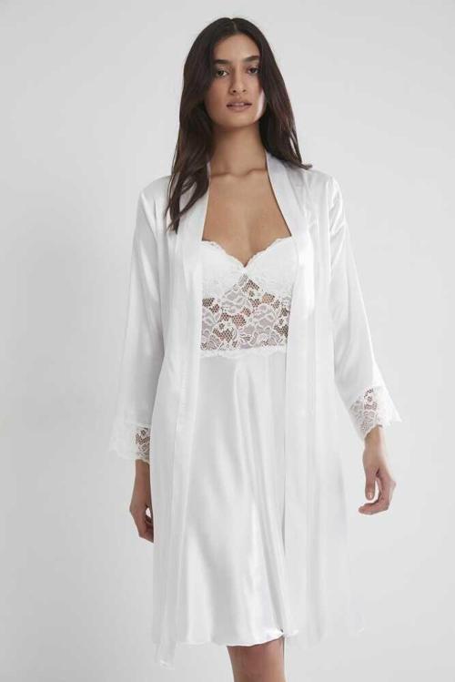 Ekru Sütyen Kaplı Sabahlık Gecelik Set 4265
