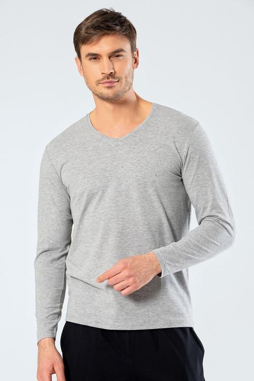 Erkek V Yaka Uzun Kollu T-Shirt 1334/Gri