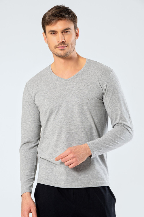 Erkek V Yaka Uzun Kollu T-Shirt 1334/Gri