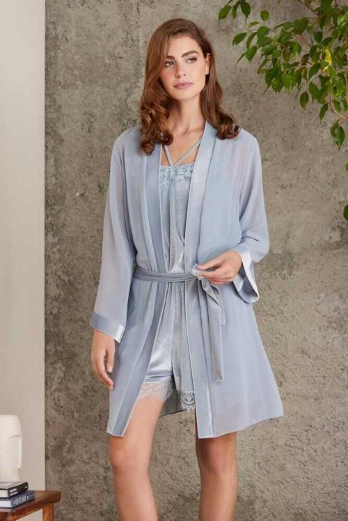 Dantelli Kadife Tulum Sabahlık Takım 4800 Mist