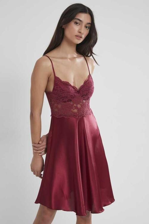 Saten Dantelli Gecelik 627 Bordo