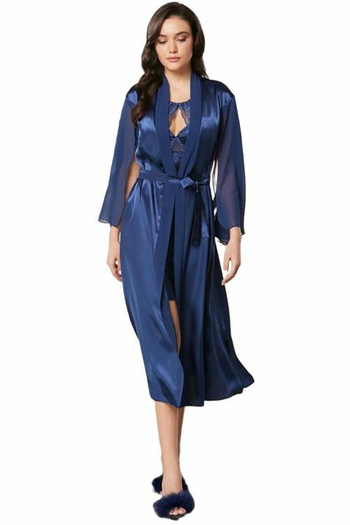 Saten Dantelli Gecelik ve Sabahlık Takımı 4375 Lacivert