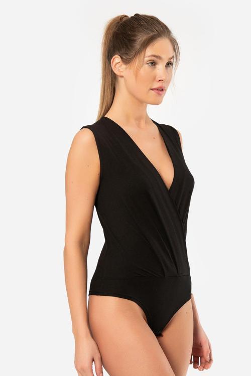Kruvaze Yaka Kolsuz Çıtçıtlı Body 3502/Siyah