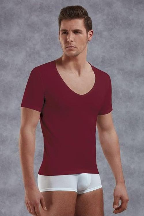 Erkek Modal Derin V Yaka Kısa Kol T Shirt 2820 Bordo