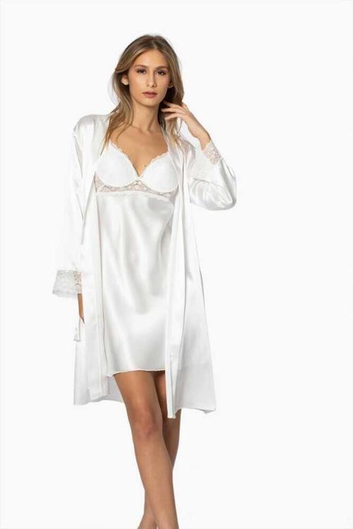 Sütyen Kaplı Ekru Sabahlık Gecelik Set 4285