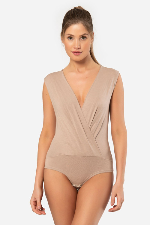 Kruvaze Yaka Kolsuz Çıtçıtlı Body 3502/Vizon