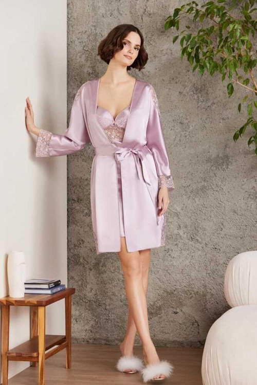 Saten Gecelik Sabahlık Pijama Şort 6'lı Çeyiz Seti 6000 Rose