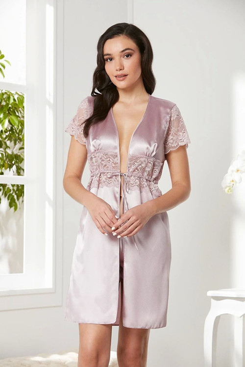 Saten Dantelli Midi Sabahlık 1020 Pudra