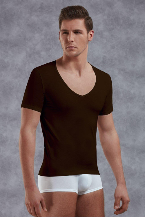 Erkek Modal Derin V Yaka Kısa Kol T Shirt 2820 Kahve