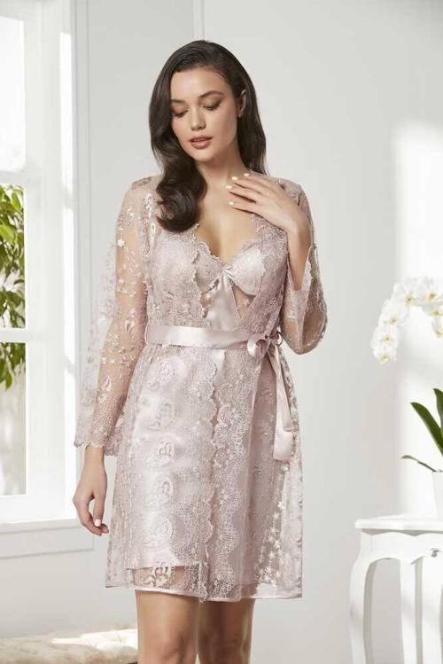 6'lı Kaplı Midi Gecelik Sabahlık Set 6225 Pudra