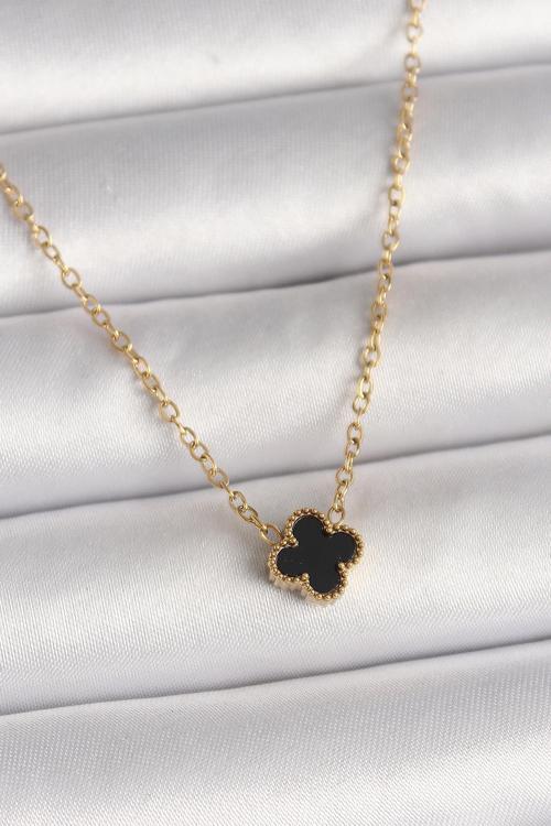 316L Çelik Gold Renk Siyah Yonca Model Kadın Kolye NS1706