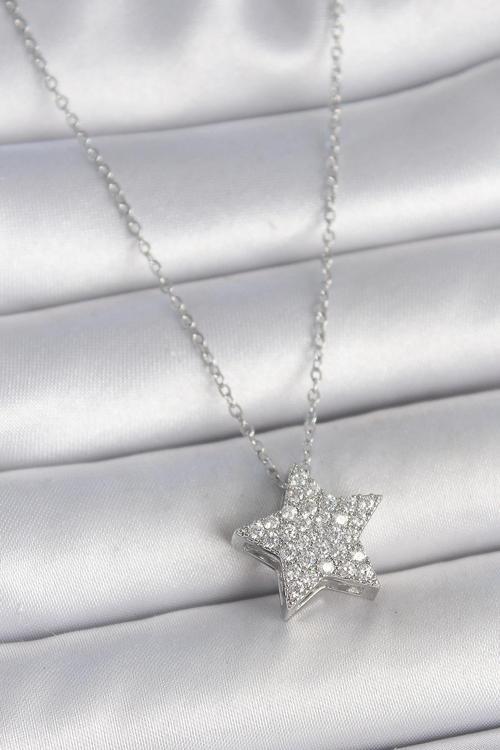 316L Çelik Gümüş Renk Zincir Zirkon Taşlı Yıldız Model Kadın Kolye NS1757