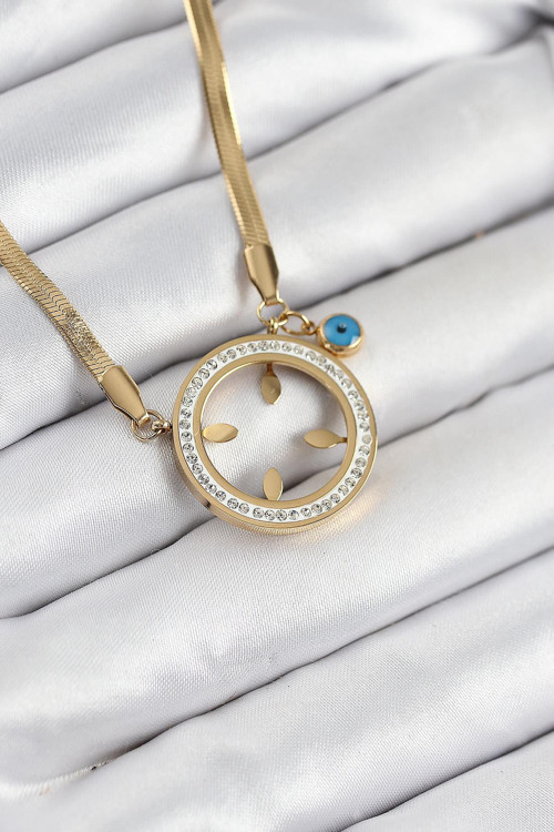 316L Çelik Zirkon Taşlı Çeyrek Takılabilir Gold Renk Kadın Kolye NS0055