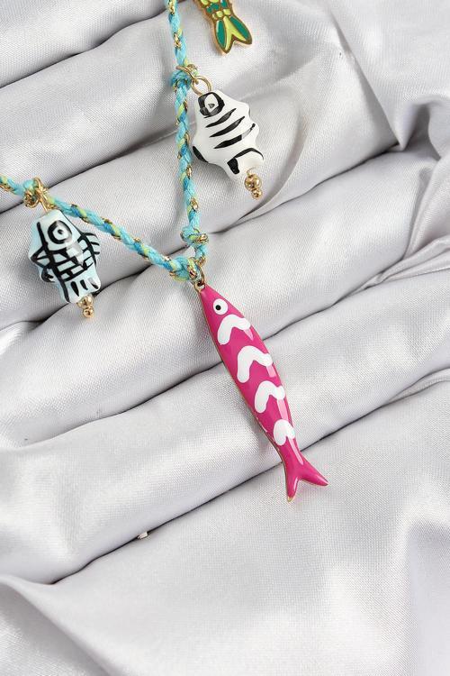 Seramik Motifli Pembe Balık Figürlü Model Mavi İp Kadın Kolye NS0517