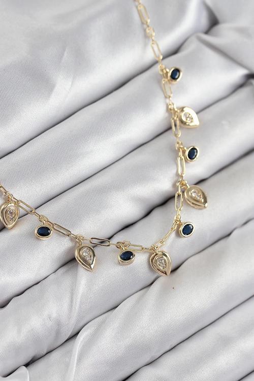 Pirinç Zirkon Taşlı Sallantılı Damla Model Gold Renk Kadın Kolye NS0018