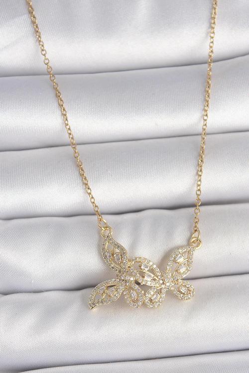 316L Çelik Gold Renk Zincir Zirkon Taşlı Kelebek Model Kadın Kolye NS1625