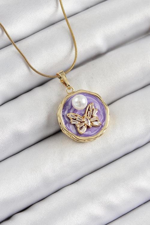 316L Çelik Zincir Zirkon Taşlı Mor Sanatsal Portre İnci Detaylı Kelebek Model Gold Renk Kadın Kolye NS1392
