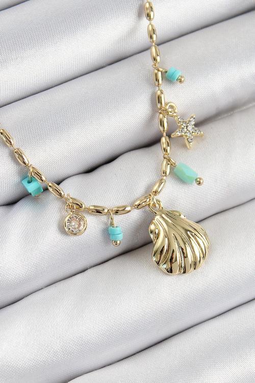 Pirinç Zirkon Taşlı Deniz Kabuğu Model Gold Renk Kadın Kolye NS0862