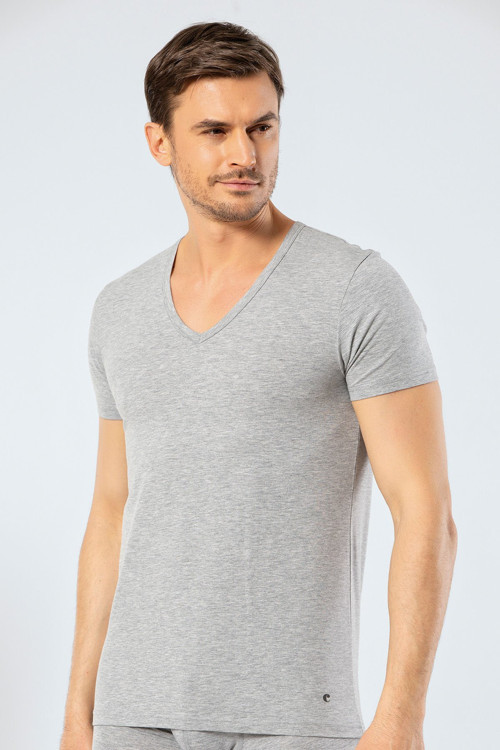 Erkek Derin V Yaka Likralı T-shirt 1306/Gri
