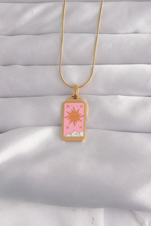 316L Çelik Gold Renk Pembe Mineli Güneş Model Tarot Kolye NS3430