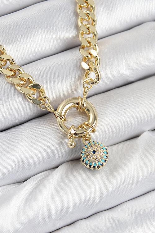 Pirinç Zirkon Taşlı Nazar Boncuk Detaylı Klasik Zincir Model Gold Renk Kadın Kolye NS0138
