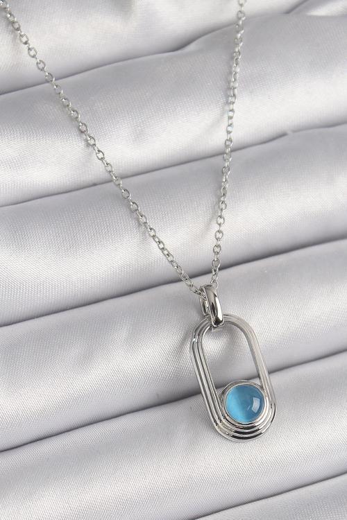 316L Çelik Gümüş Renk Zincir Mavi Kedi Göz Model Kadın Kolye NS2620