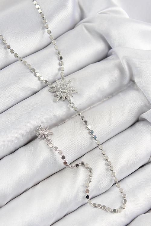 Pirinç Zirkon Taşlı Ezme Zincirli Kutup Yıldızı Model Gümüş Renk Y Kolye NS0379