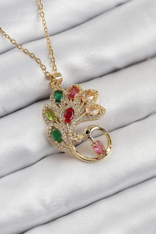 316L Çelik Zirkon Taşlı Tavus Kuşu Model Gold Renk Kadın Kolye NS0063