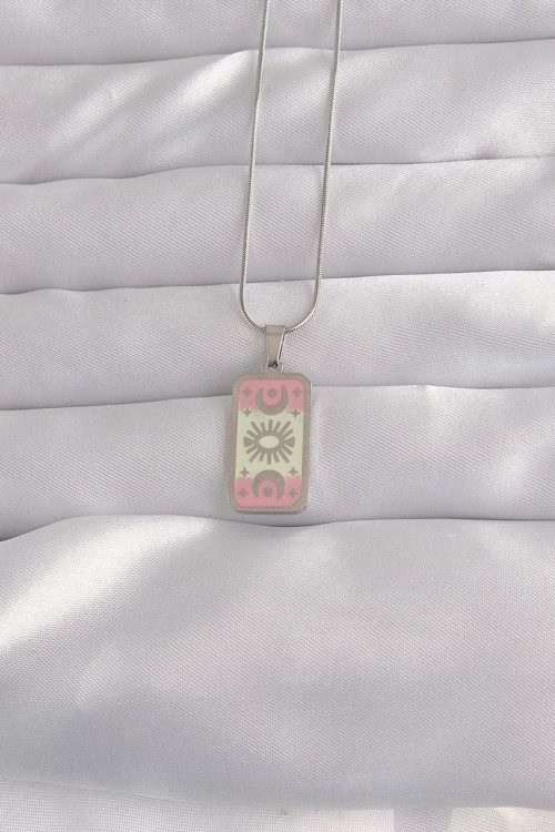 316L Çelik Gümüş Renk Pembe Mineli Ay Figür Tarot Kolye NS3445