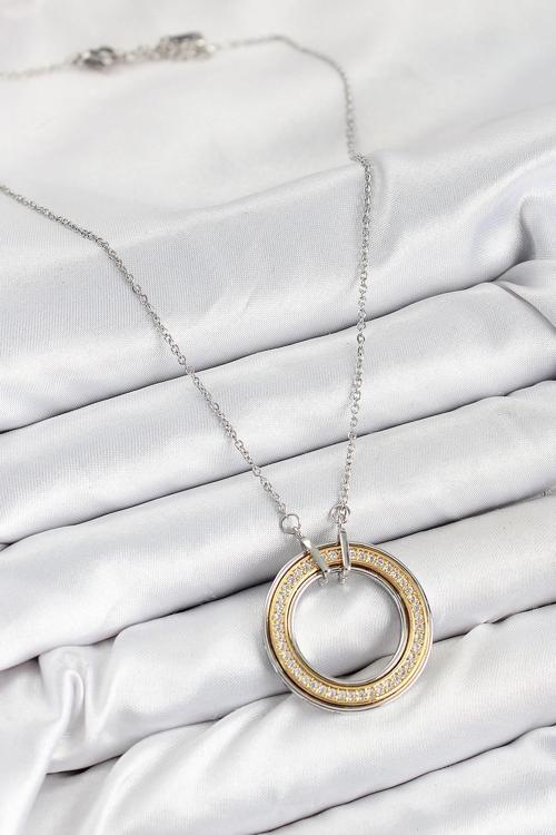 316L Çelik Zirkon Taşlı Dönen Daire Model Gold Ve Gümüş Renk Kadın Kolye NS0135
