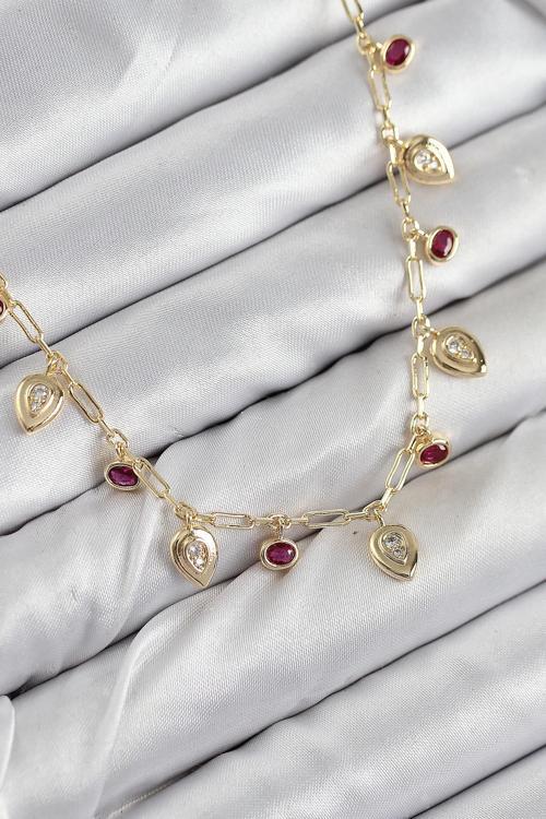 Pirinç Zirkon Taşlı Sallantılı Damla Model Gold Renk Kadın Kolye NS0019