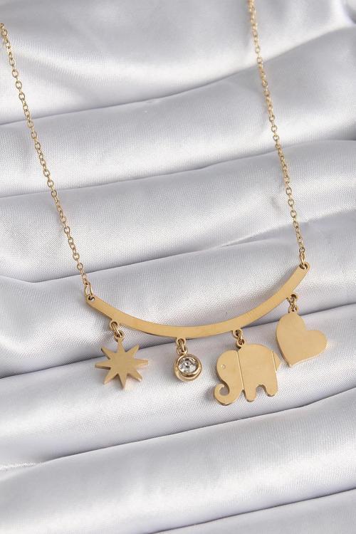 316L Çelik Gold Renk Fil Figür Zirkon Taş Detay Kadın Kolye 316L4