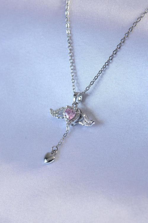 316L Çelik Gümüş Renk Kanatlı Kalp Figür Zirkon Taş Detay Kadın Kolye NS4666