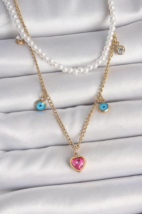 316L Çelik Gold Renk 2'Li İnci Zincir Model Pembe Taşlı Kalp Figür Nazar Boncuk Detay Kadın Kolye NS1629