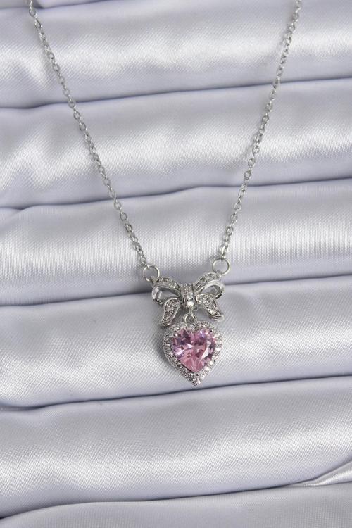 316L Çelik Gümüş Renk Zincir Pembe Kristal Kalp Zirkon Taşlı Kurdele Model Kadın Kolye NS4552
