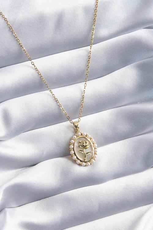 316L Çelik Gold Renk Gül Model İnci Detay Kadın Kolye NS4486