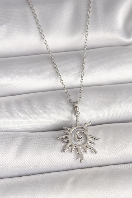 316L Çelik Gümüş Renk Zincir Zirkon Taşlı Güneş Model Kadın Kolye NS1811