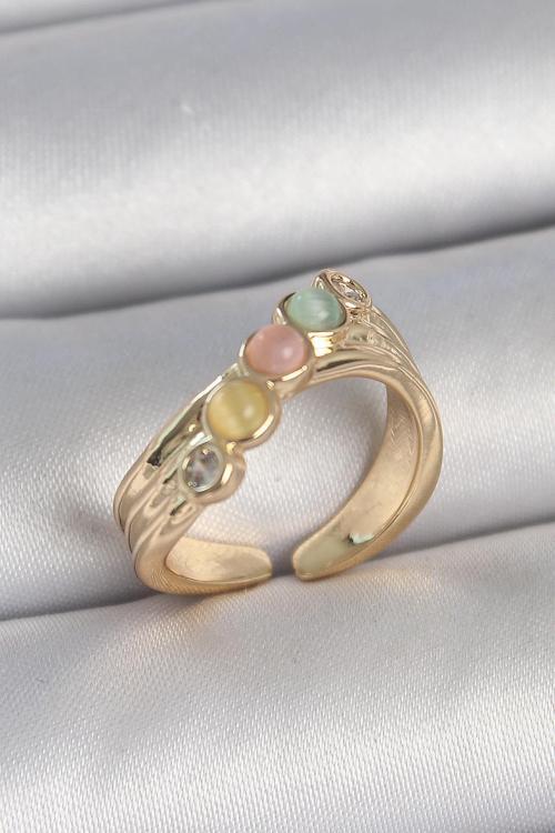 Pirinç Gold Renk Zirkon Taş Detaylı Karışık Mineli Ayarlanabilir Kadın Yüzük NS1793