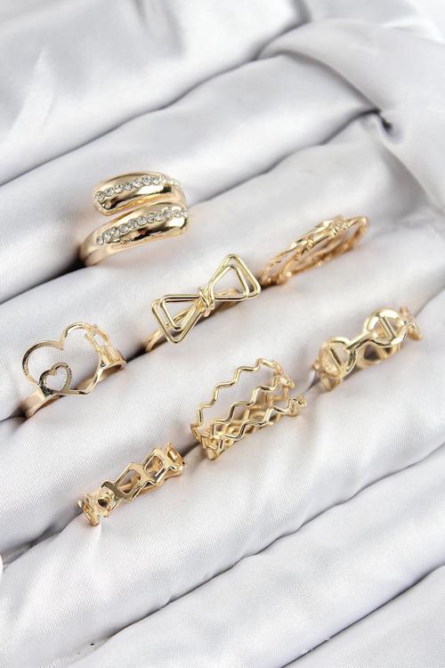 Pirinç Zirkon Taşlı Fiyonk Ve Kalp Model Gold Renk Kadın Yüzük Kombin Set NS0273