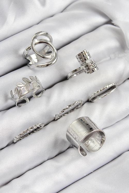 Pirinç Yaprak Model Gümüş Renk Kadın Yüzük Kombin Set NS0268