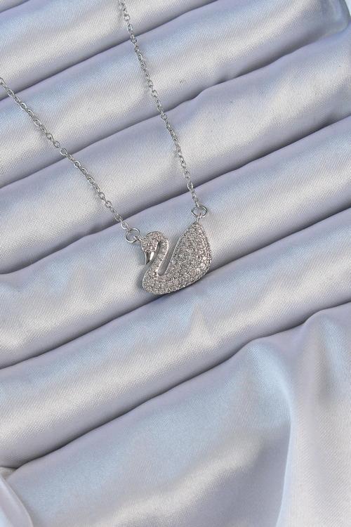 316L Çelik Zincir Gümüş Renk Zirkon Taşlı Kuğu Kolye NS3303