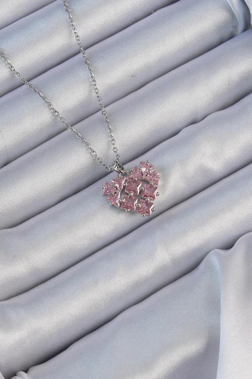 316L Çelik Zincir Gümüş Renk Pembe Parçalı Zirkon Taşlı Kalp Kolye NS3307
