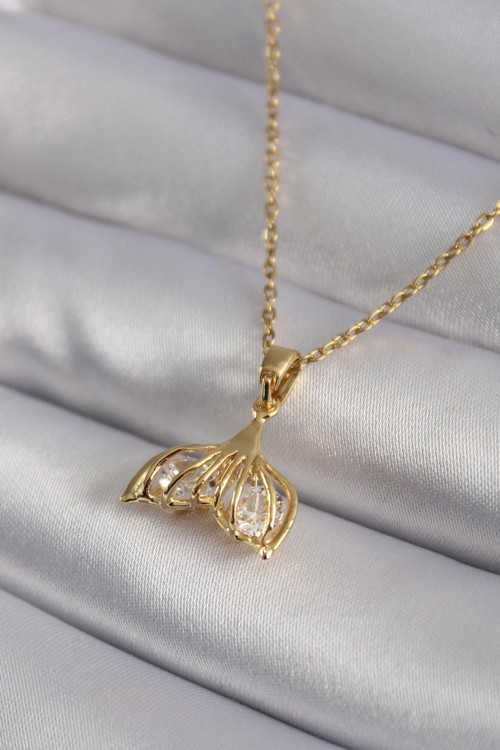 316L Çelik Gold Renk Zirkon Taşlı Balık Kuyruğu Model Kadın Kolye NS4133