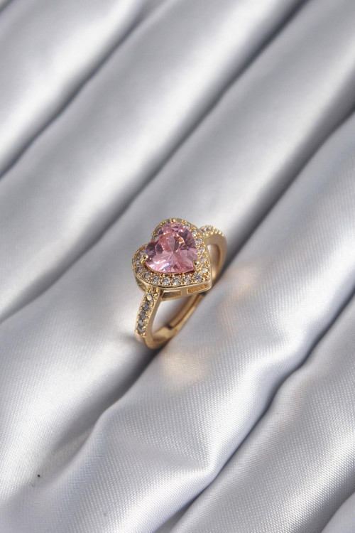 Pirinç Gold Renk Pembe Zirkon Taşlı Charm Kalp Model Kadın Yüzük NS4329