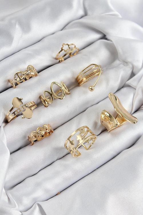 Pirinç Sarmal Ve Yıldız Model Gold Renk Kadın Yüzük Kombin Set NS0263