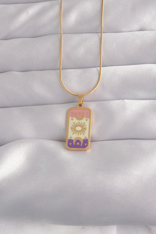 316L Çelik Gold Renk Karışık Mineli Ay Figür Tarot Kolye NS3433
