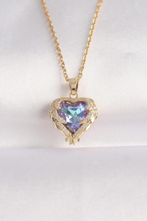 316L Çelik Zincir Altın Renk Zirkon Taşlı Mavi Mor Renkli Kalp Figür Kolye NS3965