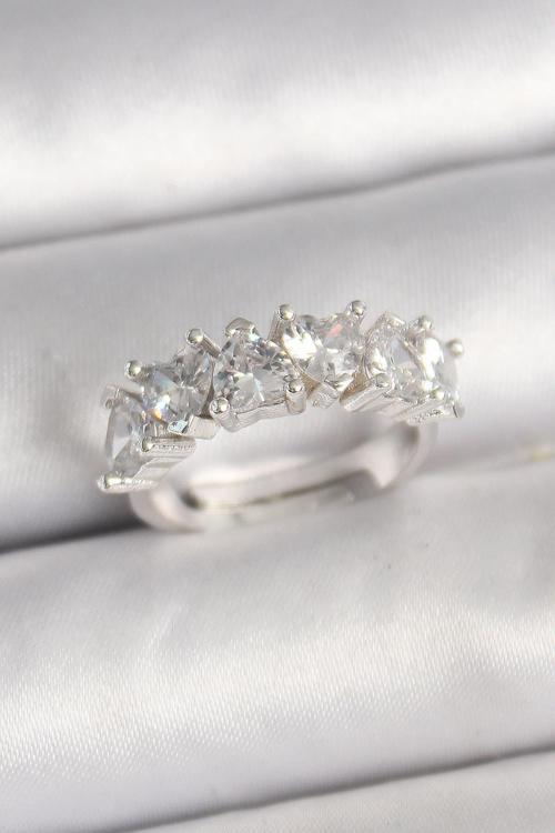 Pirinç Gümüş Renk Zirkon Taşlı Kalp Model Ayarlanabilir Kadın Yüzük NS2073